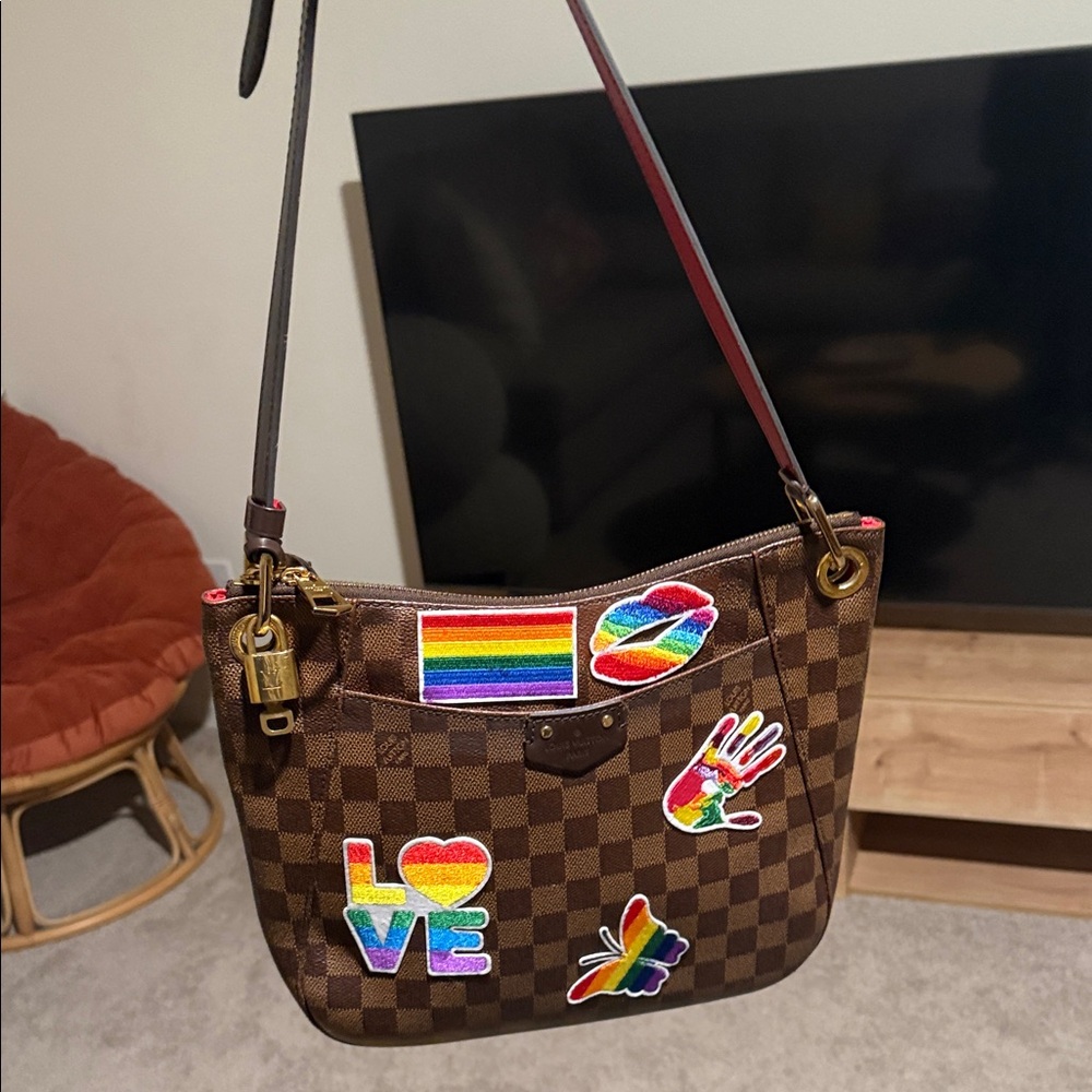 Louis Vuitton Damier Ebene Brown Checkered Shoulder Bag with Colorful Patches